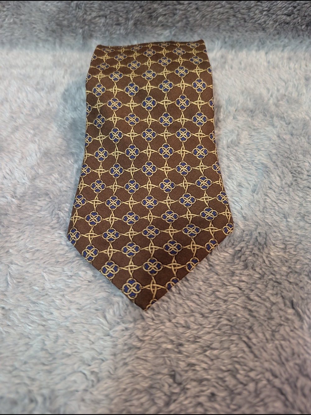 Brooks Brothers Brown Silk Tie with Blue and Gold Geometric Motif